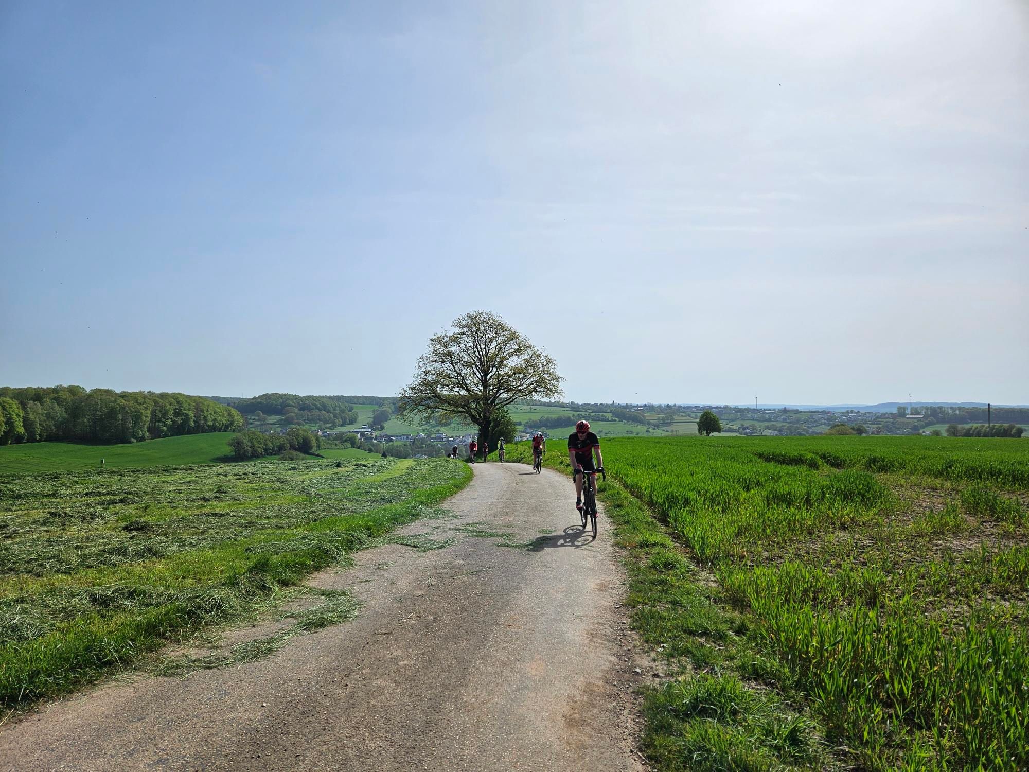 Un cycliste sur un chemin blanc